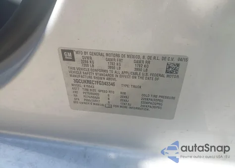 2015 Chevrolet Silverado 1500 1Lt from USA, damaged, VIN 3GCUKREC7FG343346